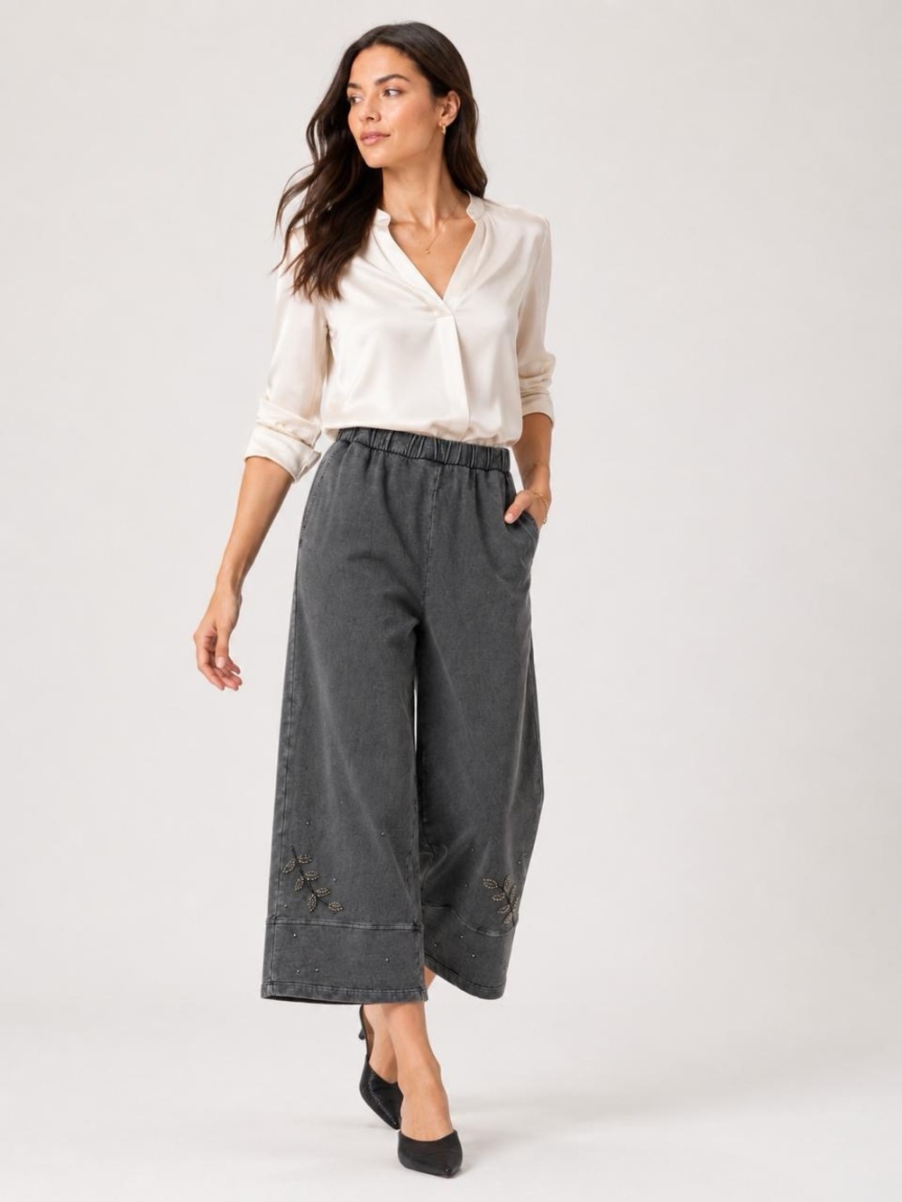 Johnny Was French Terry Linen Barrel Pant Gray Beaded Size L NWT